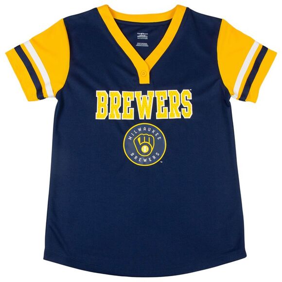 MLB Milwaukee Brewers Girls Henley Team Jersey in Blue & Yellow, M (7/8) - Picture 1 of 4